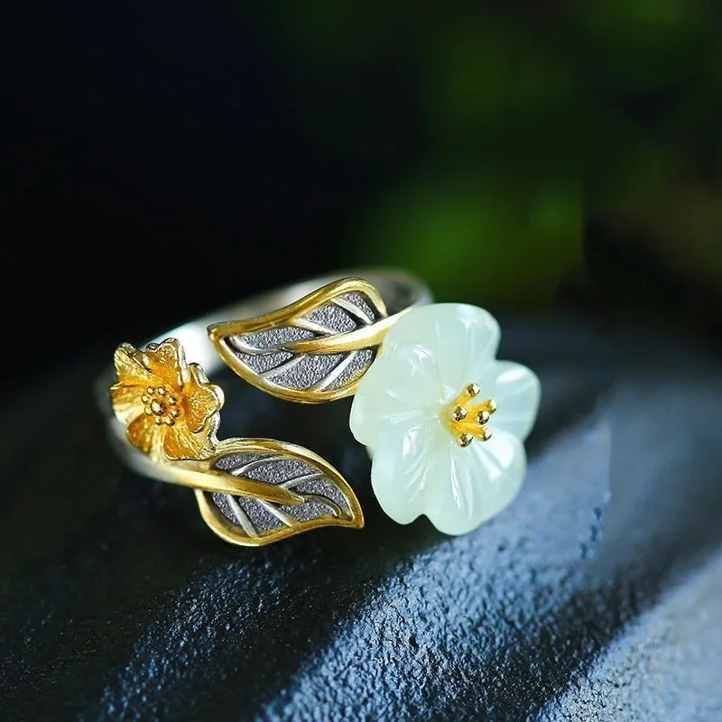 Men'S Fashion Rings - 925 Silver White Hetian Jade Flower