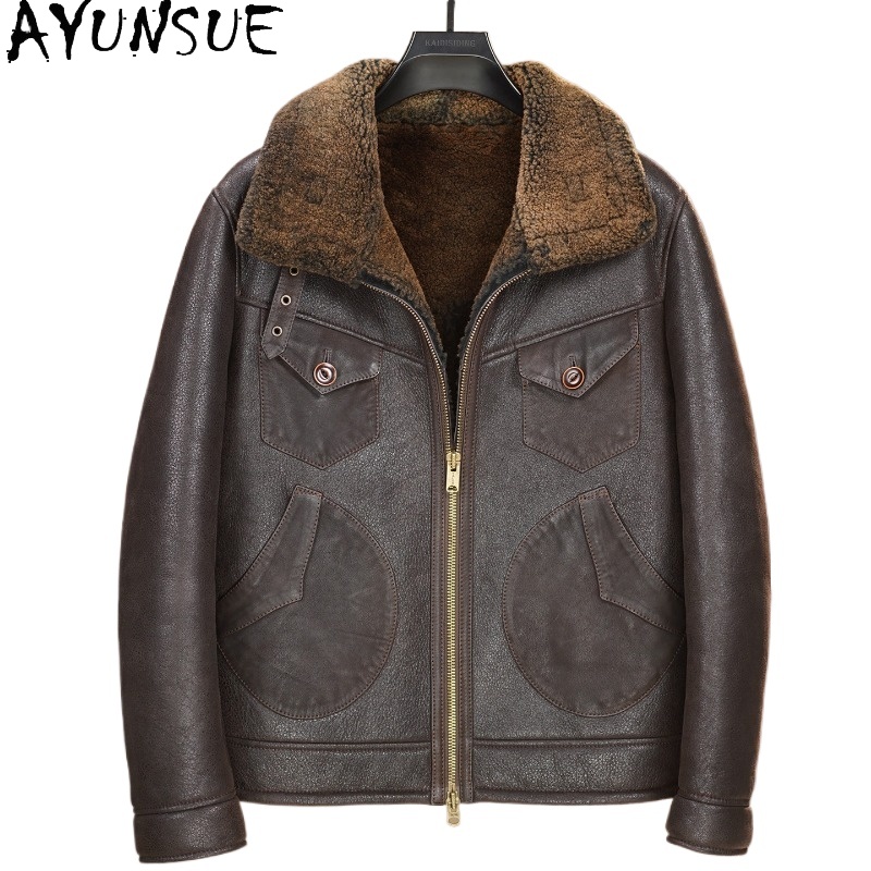 Men'S Fashion Leather Jacket - AYUNSUE 100% Natural Fur Coat Man