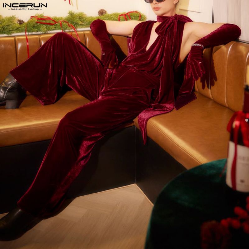 Men'S Fashion Overalls - INCERUN Men Jumpsuits Solid Color Velour